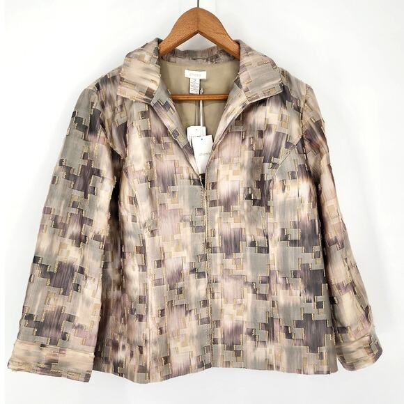 Chico’s Elegant Print Petra Jacket Ivory Purple Gray Size 2 (L/12) - Picture 2 of 10
